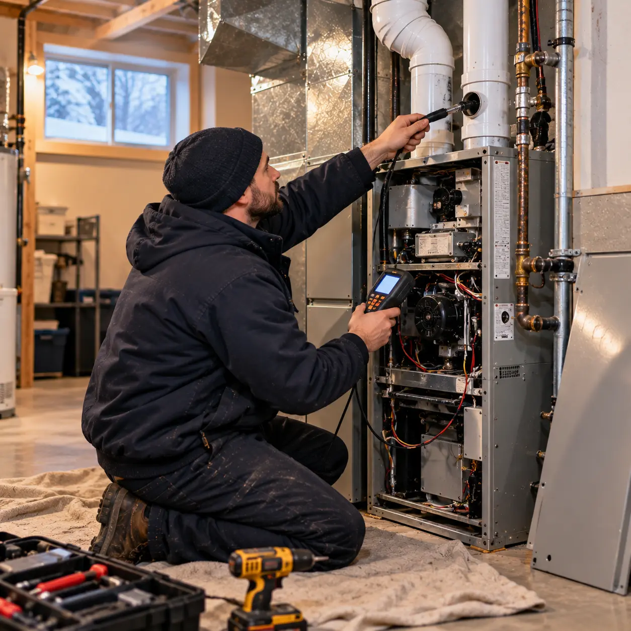 HVAC Services Ottawa technician at a service van in a Kanata driveway in winter