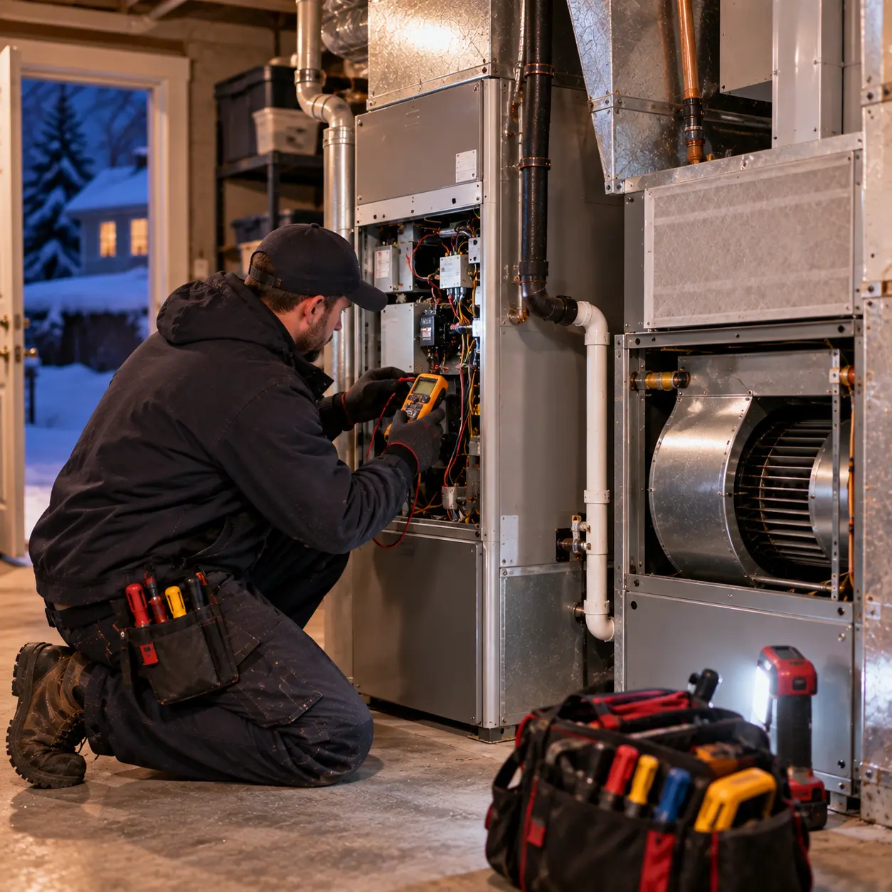 Technician showing a homeowner the failed furnace part and a written flat-rate price in an Ottawa kitchen