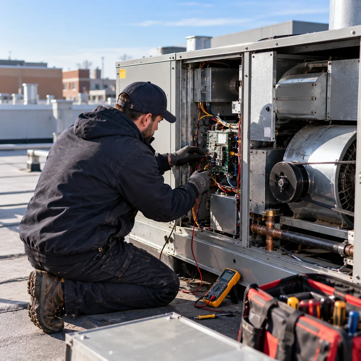 HVAC Services Ottawa technician on the roof of a commercial building in Ottawa servicing a rooftop unit