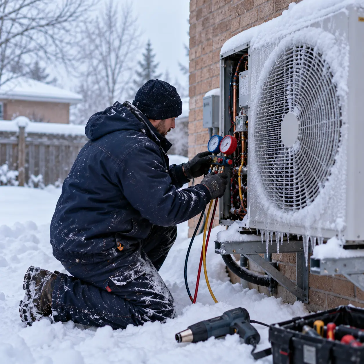HVAC Services Ottawa technician repairing an iced-over heat pump outdoor unit at an Ottawa home in winter