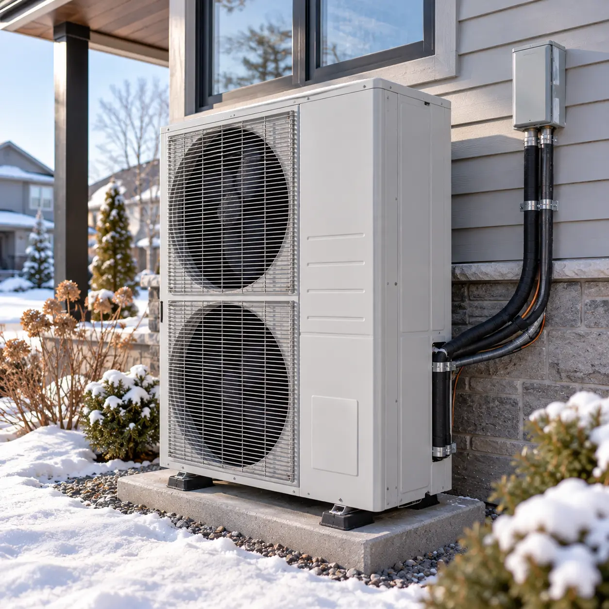 Technician checking refrigerant pressures on a ductless heat pump indoor unit in an Ottawa living room