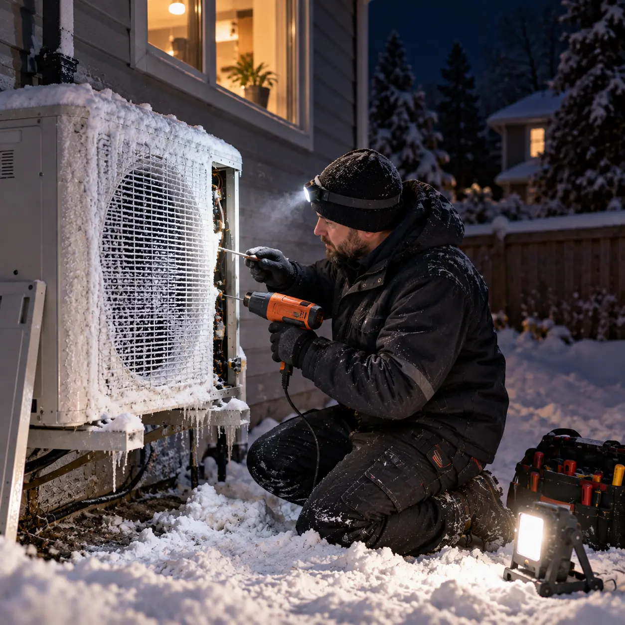 Technician thawing an iced-over heat pump outdoor unit at night in an Ottawa backyard
