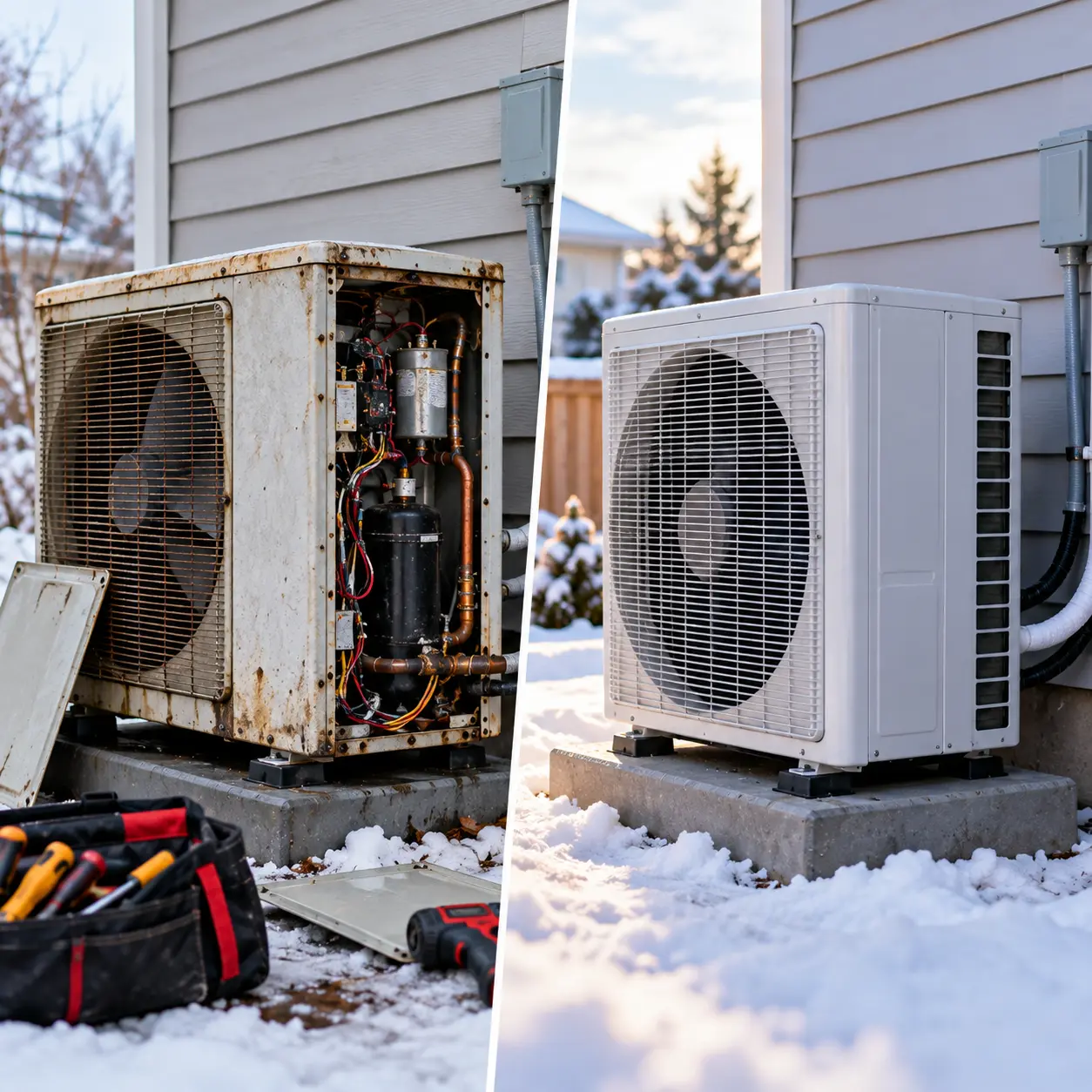 Old and new heat pump outdoor units side by side during a replacement in Barrhaven
