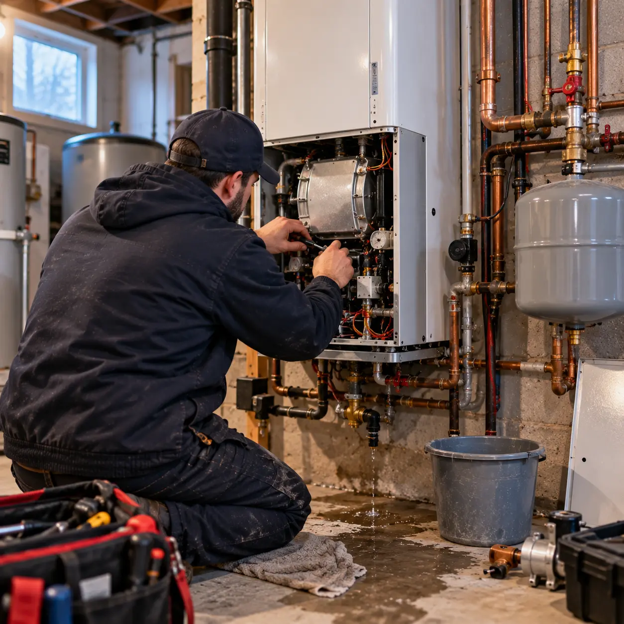 HVAC Services Ottawa boiler technician servicing a wall-hung gas boiler in a Glebe basement