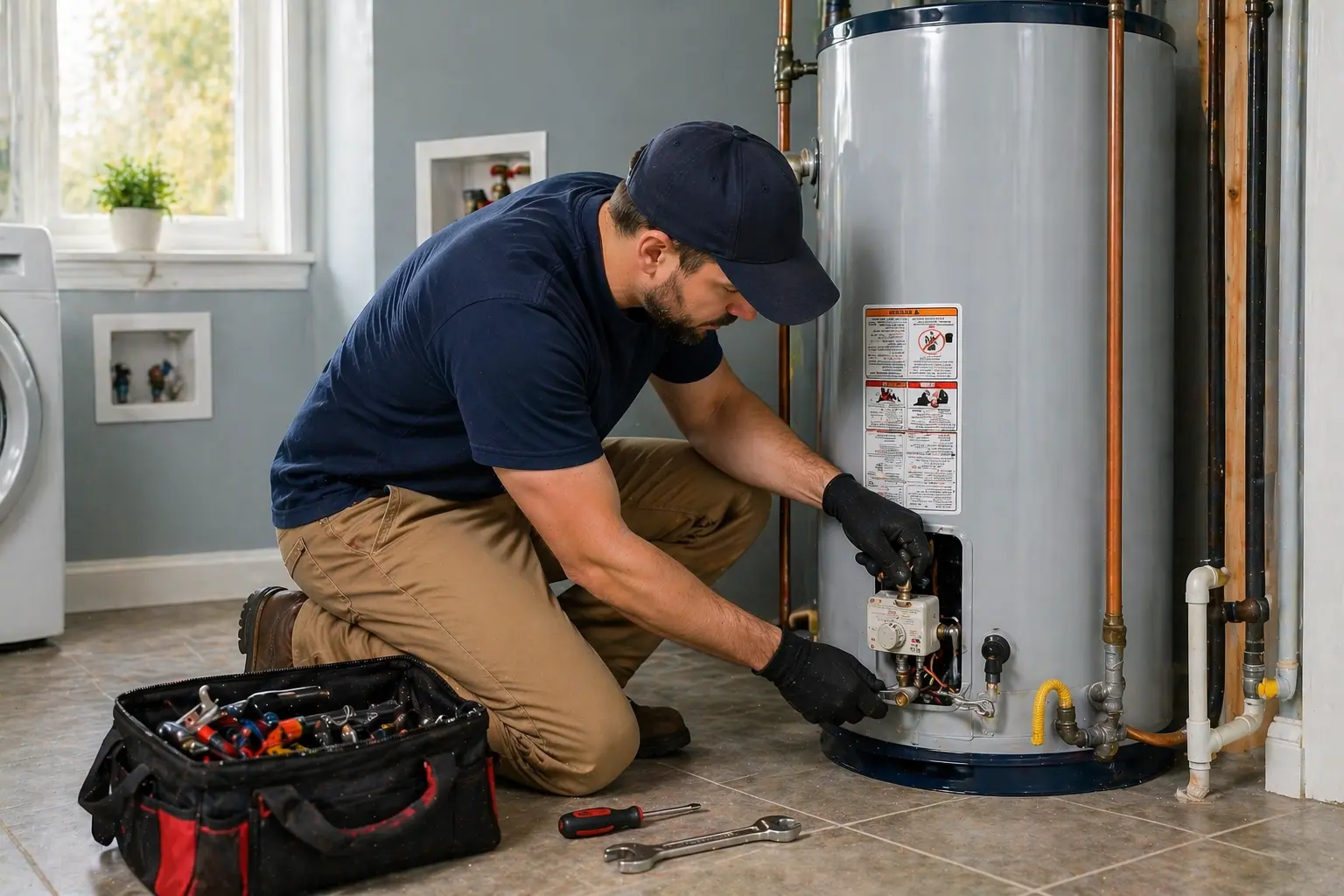 HVAC Services Ottawa technician replacing a leaking hot water tank in an Ottawa basement