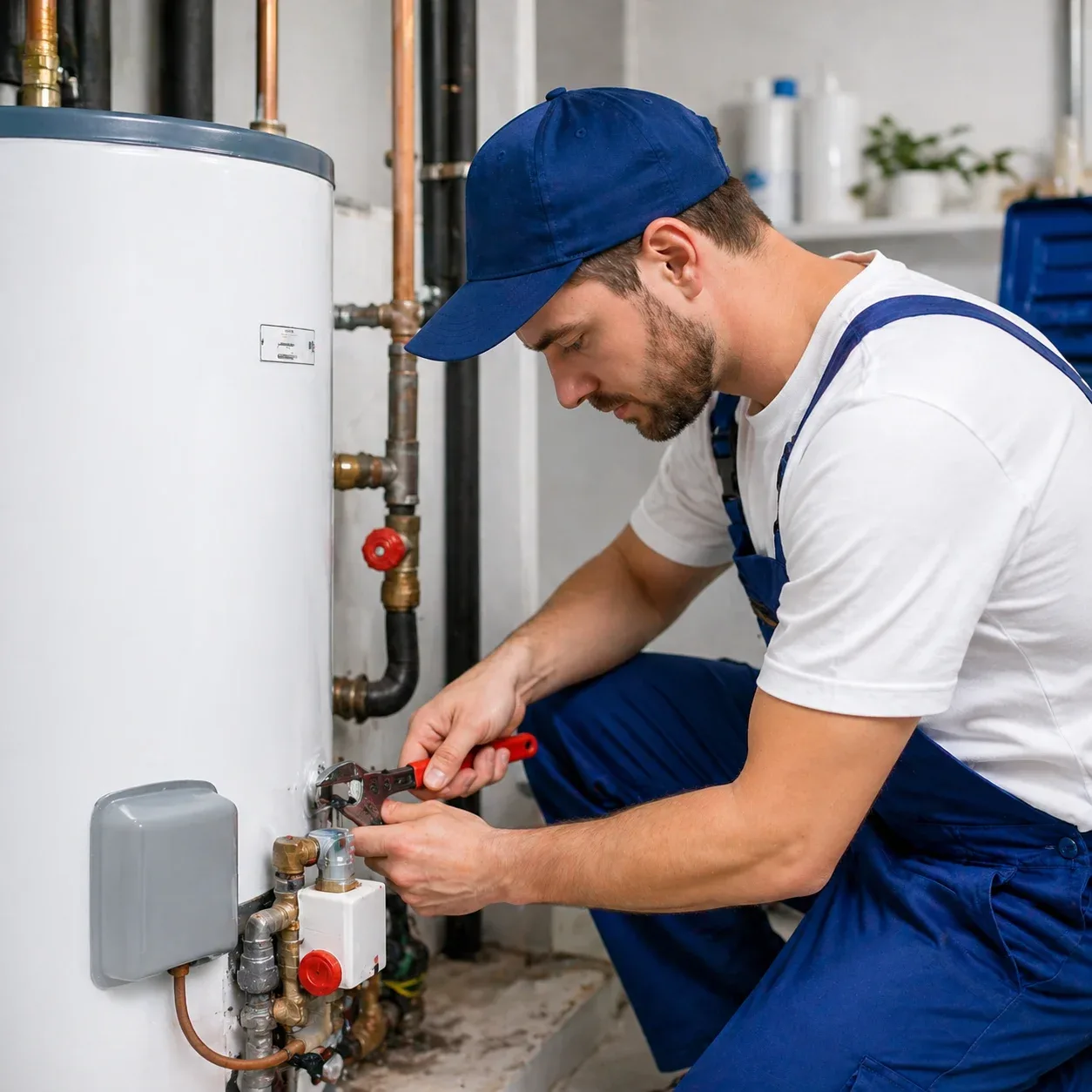 Technician shutting the cold-water valve on a leaking hot water tank in a Nepean basement