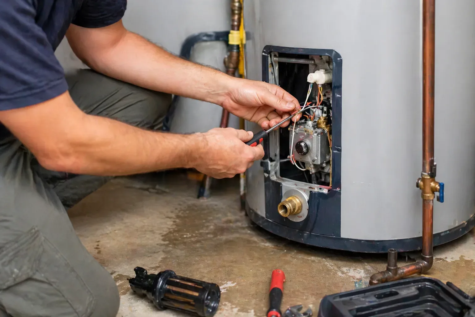Technician flushing sediment from a water heater tank into a floor drain in an Ottawa basement