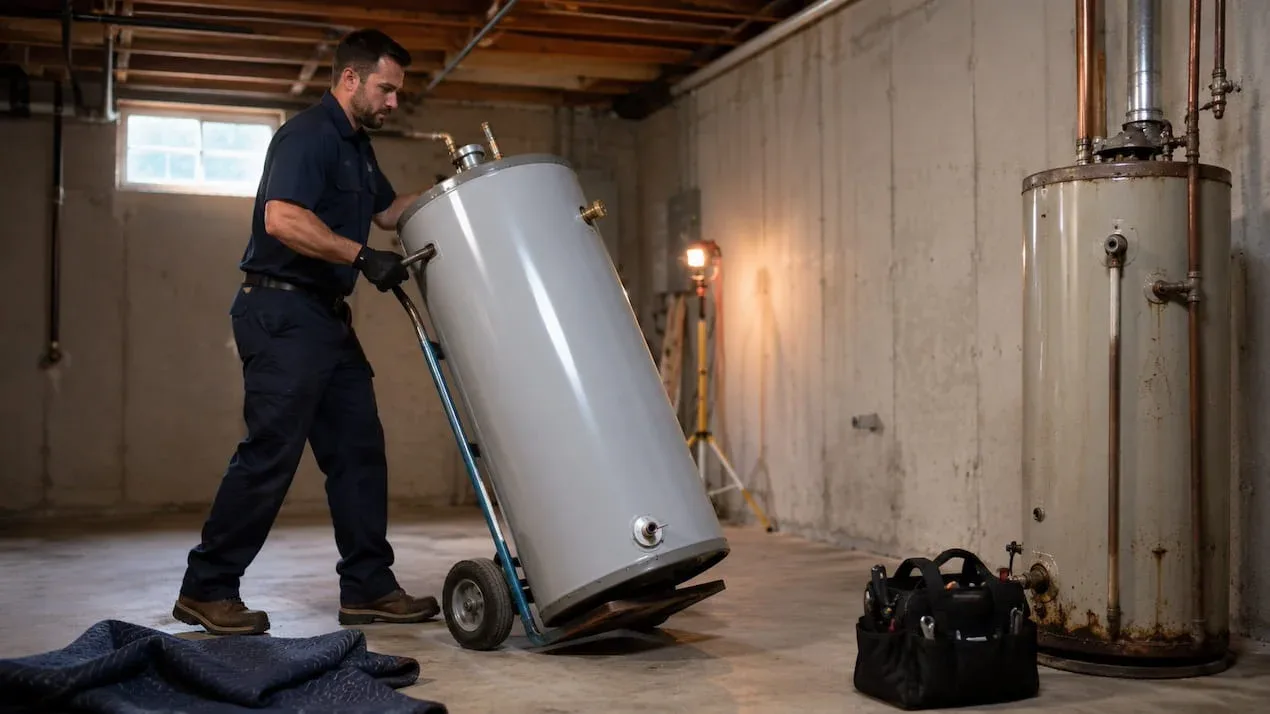 New owned gas water heater installed beside a disconnected rental tank waiting for pickup in a Barrhaven basement