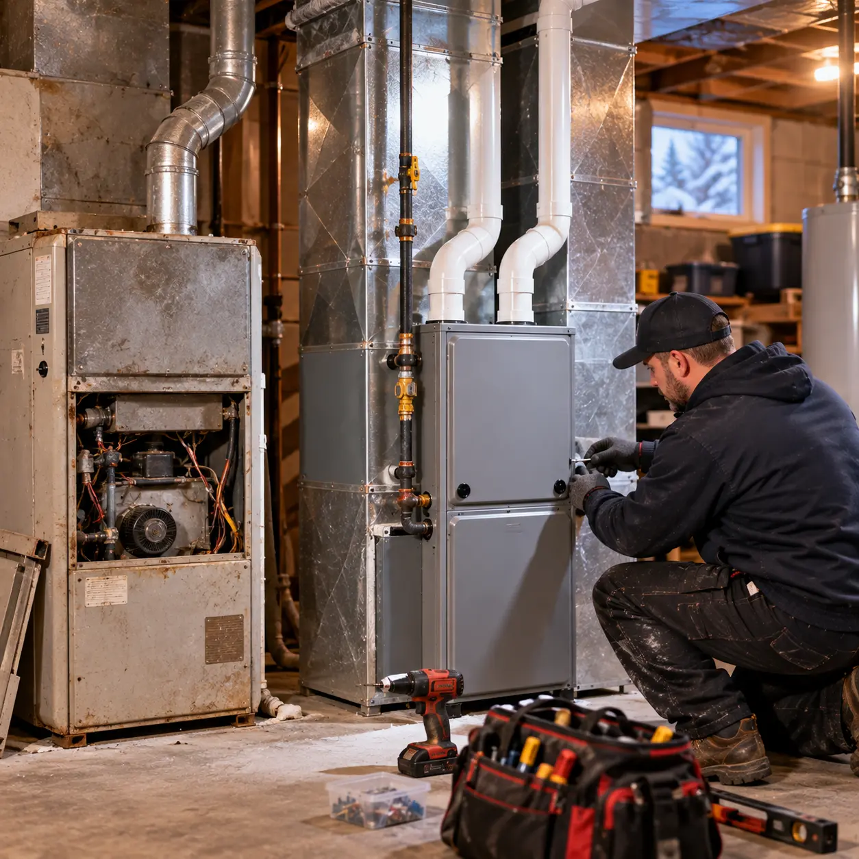 Technician showing an Ottawa homeowner a cracked heat exchanger with an inspection camera